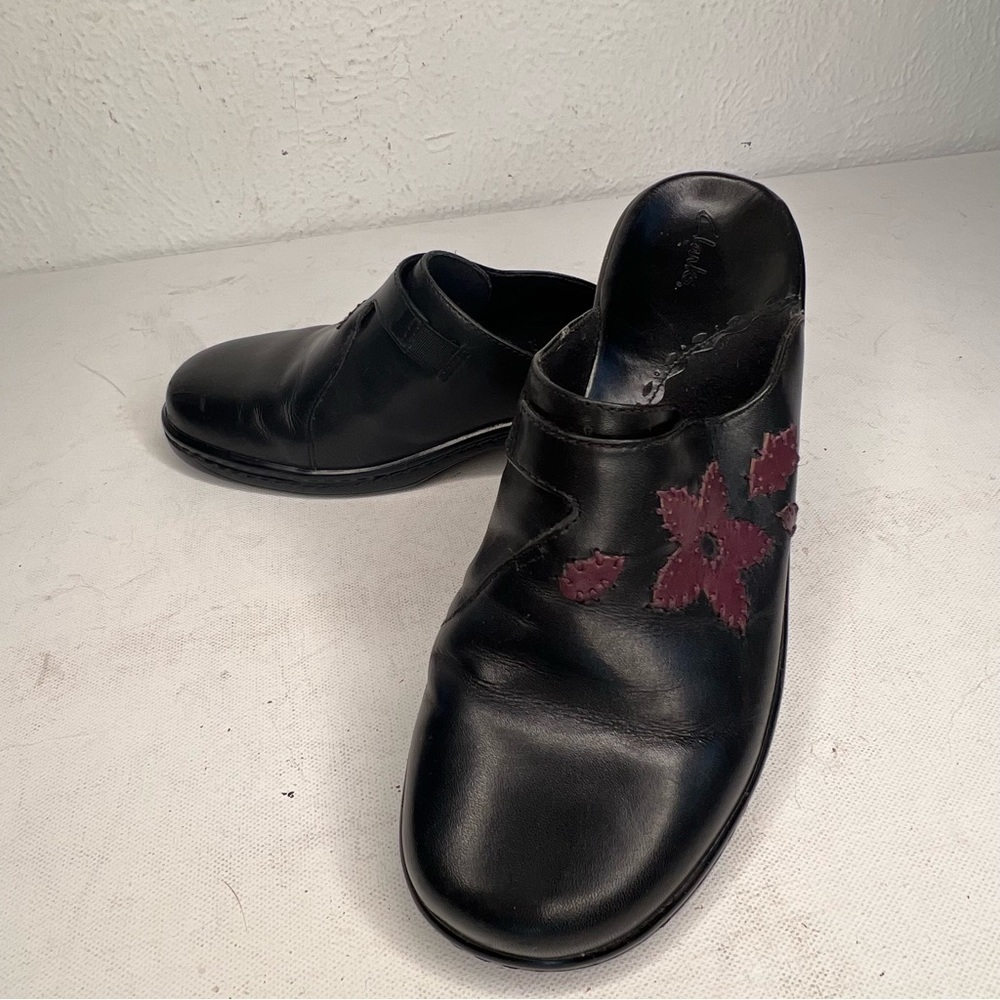 Clarks Black Leather Slip-On Mules with Burgundy Floral Detail